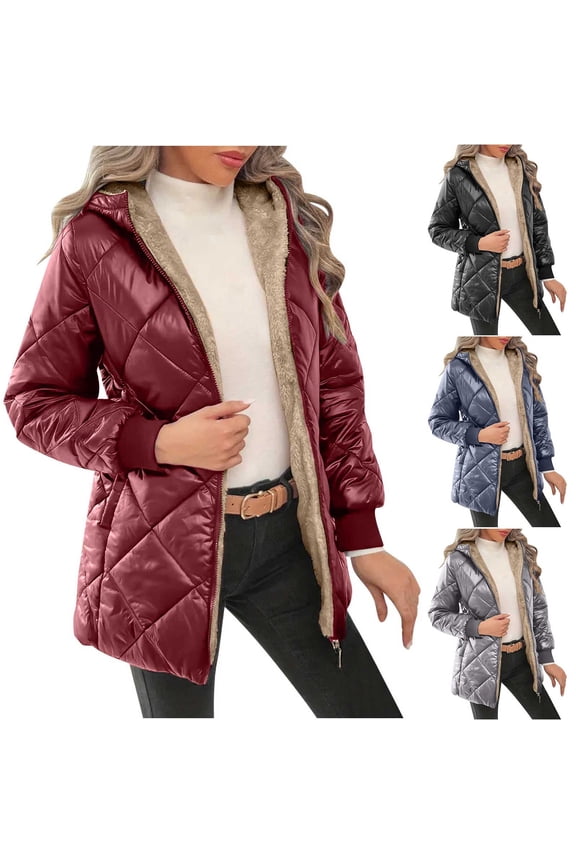 Women's Puffer Jacket Winter Hooded Casual Thickened Velvet Solid Color Long Sleeve Padded Jacket Outdoor Sport Coat Winter Clothes for Women