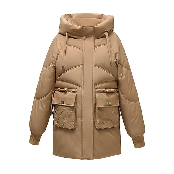 Women's Puffer Jacket for Winter Plus Size Casual Colored Long-Sleeved Hooded Jacket Hooded Puffer Jacket(Khaki 2XL)
