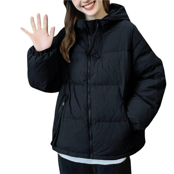 Women's Puffer Jacket for Winter Plus Size Casual and Long-Sleeved Hooded Solid-Color Pocket Zipper Padded Jacket Hooded Puffer Jacket(Black XL)