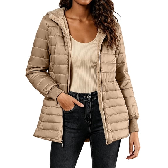 Women's Puffer Jackets Long Sleeve Hooded Fleece Lined Zip Up Quilted Coat Lightweight Fall Winter Warm Casual Outerwear with Pockets Khaki