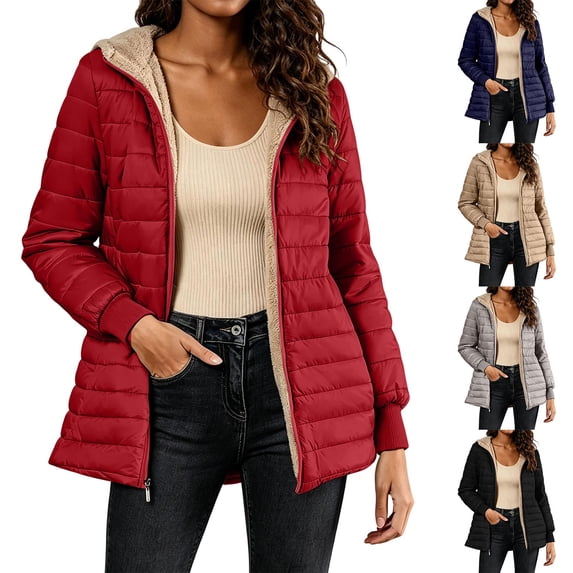 Women's Puffer Jackets Long Sleeve Hooded Fleece Lined Zip Up Quilted Coat Lightweight Fall Winter Warm Casual Outerwear with Pockets Wine