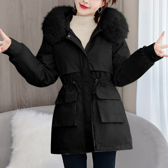 Women's Puffer Lightweight Coats with Pockets Lounge Solid Color Zip Up Parkas with Faux Fur Hood Long Winter Warm Coat with Elastic Belt Waist