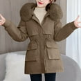 thumbnail image 1 of Women's Puffer Lightweight Coats with Pockets Lounge Solid Color Zip Up Parkas with Faux Fur Hood Long Winter Warm Coat with Elastic Belt Waist, 1 of 3