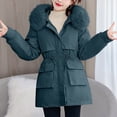 thumbnail image 1 of Women's Puffer Lightweight Coats with Pockets Lounge Solid Color Zip Up Parkas with Faux Fur Hood Long Winter Warm Coat with Elastic Belt Waist, 1 of 3