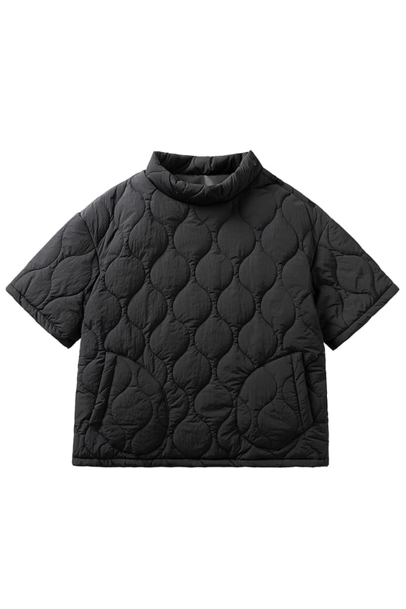 Women's Puffer Poncho Pullover Quilted Jacket Short Sleeve Mock Neck Coat Cape Outerwear