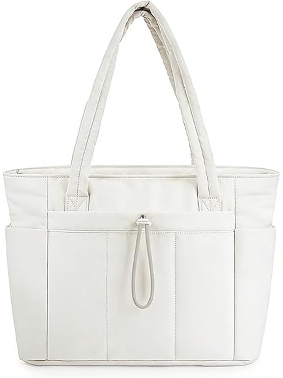 Women's Puffer Tote Bag, Lightweight Quilted Shoulder Bag with Cup Holder & Laptop Compartment & Trolley Sleeve(Beige)
