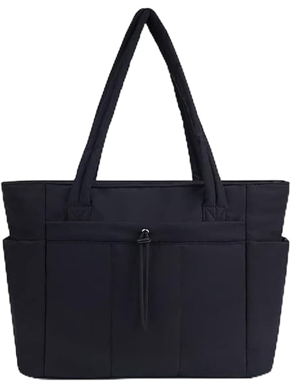 Women's Puffer Tote Bag, Lightweight Quilted Shoulder Bag with Cup Holder & Laptop Compartment & Trolley Sleeve(Black)