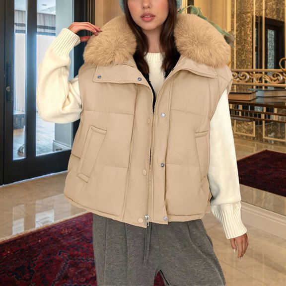 Women's Puffer Vest with Large fluffy Collar, Sleeveless Quilted Down Cotton Vest, Winter Warm Zip Up Jacket Style, Oversized Outerwear Vest with Faux Fur Trim, Casual Padded Coat for Women Khaki L