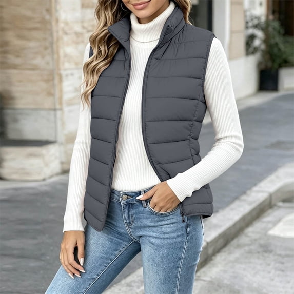 Women's Puffer Vest Lightweight Quilted Sleeveless Jacket Zip Up Stand Collar Winter Outwears (Dark Gray XXL)