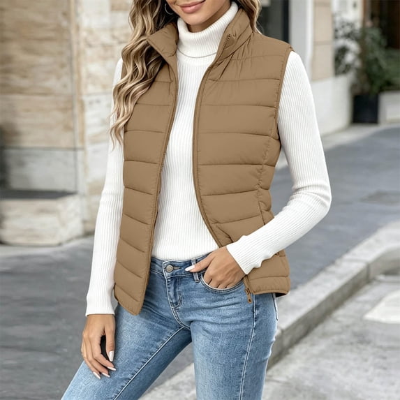 Women's Puffer Vest Lightweight Quilted Sleeveless Jacket Zip Up Stand Collar Winter Outwears (Khaki L)