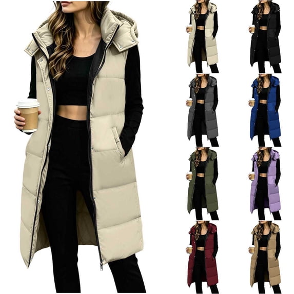 Women's Puffer Vest Long Hooded Winter Vest Jacket Sleeveless Zip up Quilted Jacket Solid Color Lightweight Coat with Pockets