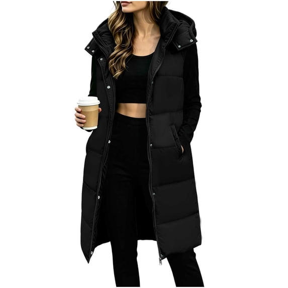 Women's Puffer Vest Long Hooded Winter Vest Jacket Sleeveless Zip up Quilted Jacket Solid Color Lightweight Coat with Pockets