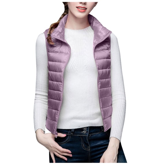 Women's Puffer Vest Outerwear Lightweight Winter Warm Zip Up Stand Collar Sleeveless Padded Jacket Fall Winter Solid Color Quilted Waistcoat
