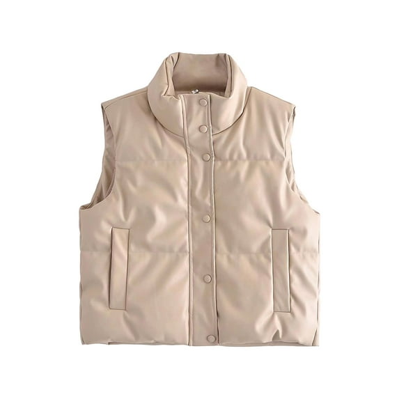 Women's Puffer Vest PU Leather Zip-Up Button Side Pockets Mock-Neck Heated Crop Jacket Coat Fashion 2022 Outerwear