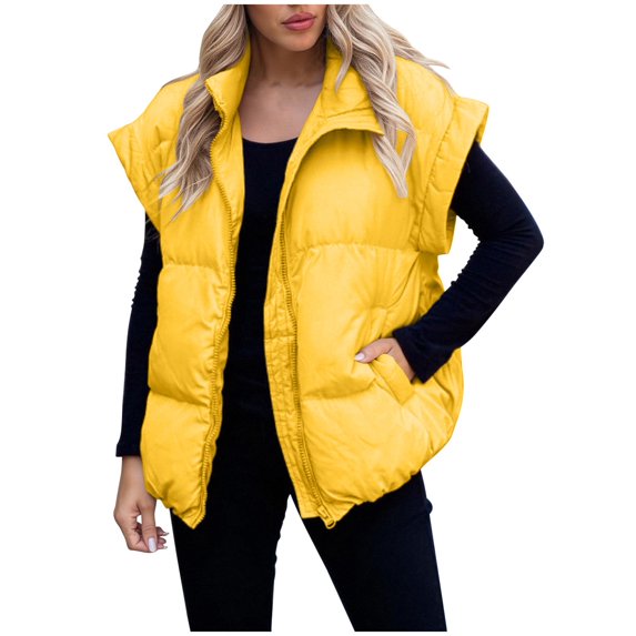Women's Puffer Vest Sleeveless Stand Collar Zip Up Solid Cardigan Jacket Outerwear with Pockets Yellow XL