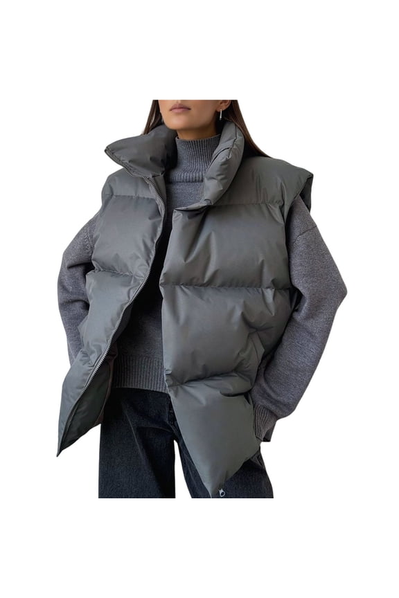 Women's Puffer Vest Stand Collar Full Zip Sleeveless Bubble Puffer Vest Quilted Padded Coat Outwear Dark Gray L