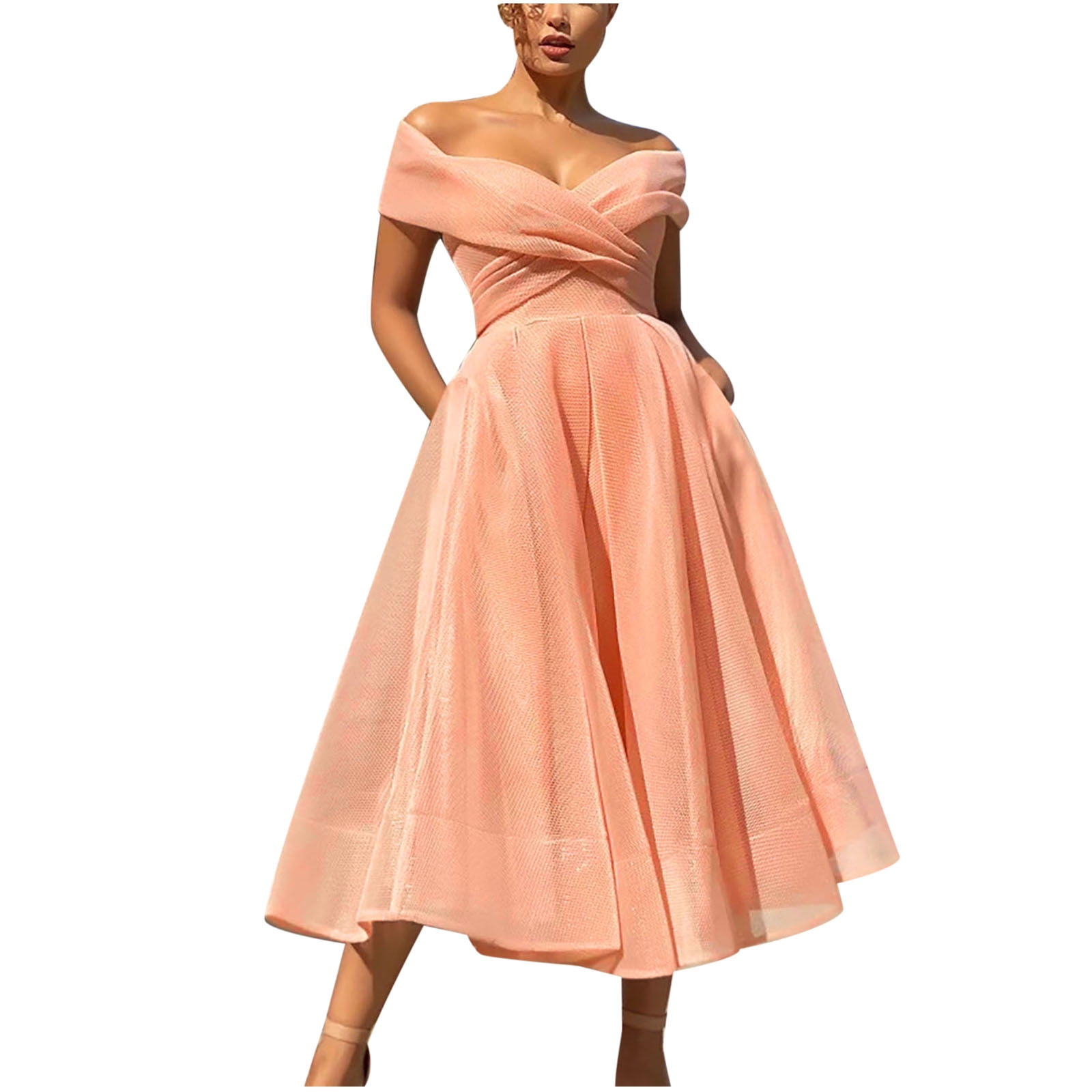 Off the Shoulder Peach Midi Length Prom Dresses with Pockets SD1288B –  Viniodress