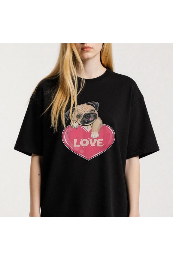 Women's Pug Dog Peeking Over Heart Love Graphic T-Shirt S-4XL Mother's Day Gift