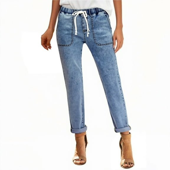 Women's Pull On Cropped Ankle Jeans, Elastic Waist Skinny Fit Stretch Denim Capri Pants, Solid Color 7/8 Length Slim Leg Trousers for Casual Wear Light Blue XXL