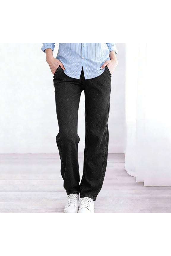 Women's Pull On Jeans, High Waisted Straight Leg Denim Pants with Elastic Waist, Casual Stretch Trousers with Pockets for Daily Wear, Work and Travel Black XXXL