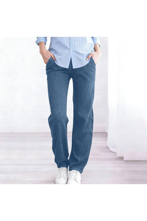Women's Pull On Jeans, High Waisted Straight Leg Denim Pants with Elastic Waist, Casual Stretch Trousers with Pockets for Daily Wear, Work and Travel Blue XL