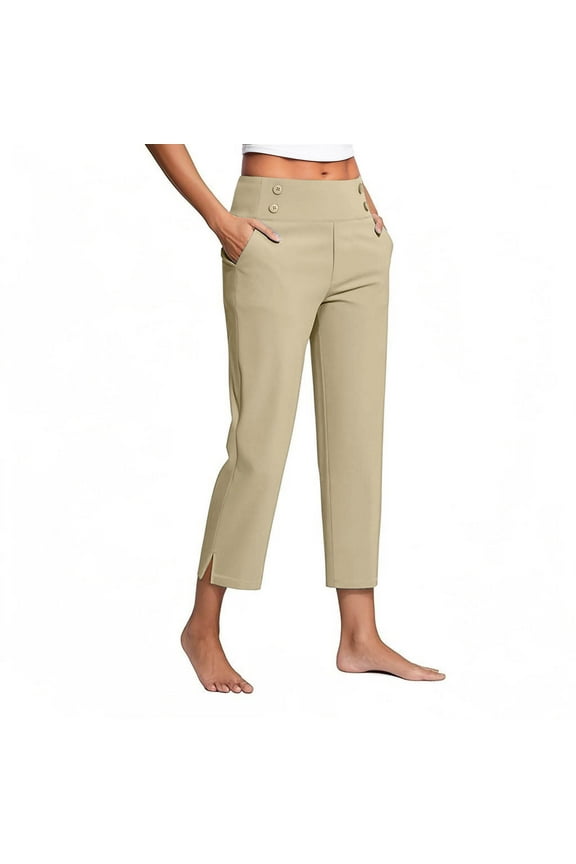 Women's Pull On 7/8 Pants High Waist Straight Leg Athletic Exercise Workout Capris Dressy Casual Leggings, Beige|7/8th XL