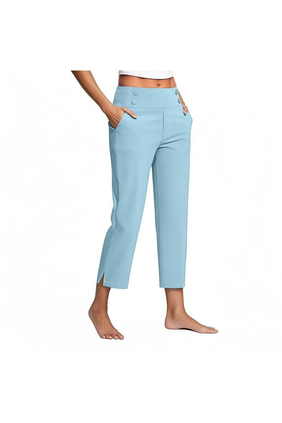 Women's Pull On 7/8 Pants High Waist Straight Leg Athletic Exercise Workout Capris Dressy Casual Leggings, Blue|7/8th 2XL