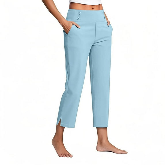 Women's Pull On 7/8 Pants High Waist Straight Leg Athletic Exercise Workout Capris Dressy Casual Leggings, Blue|7/8th XL