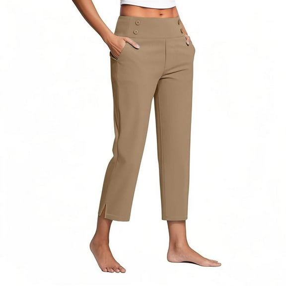 Women's Pull On 7/8 Pants High Waist Straight Leg Athletic Exercise Workout Capris Dressy Casual Leggings, Khaki|7/8th M