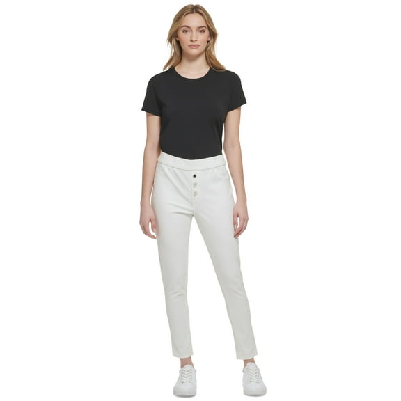 Women's Pull-On Faux-Button-Fly Skinny Pants Soft White L