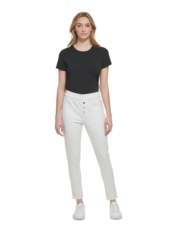 Women's Pull-On Faux-Button-Fly Skinny Pants Soft White L
