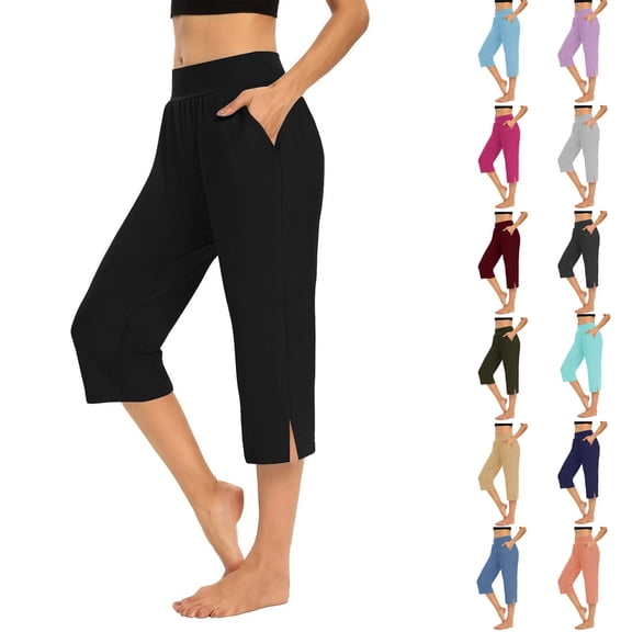 Women's Pull On High Waist Pants with Side Slits Lightweight Comfortable Elastic Waist Trousers for Summer