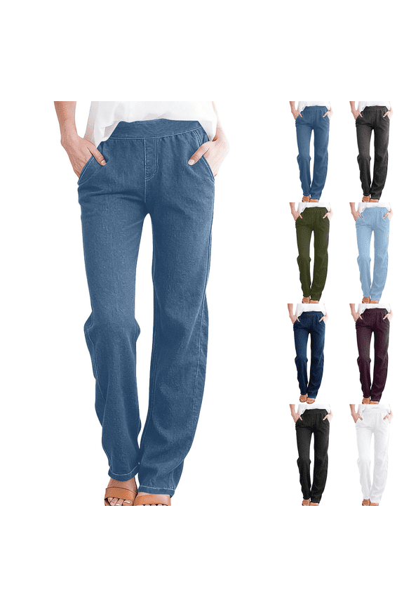 Women's Pull On High Waisted Straight Leg Jeans Elastic Waist with Pockets