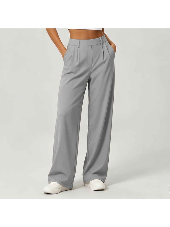 Women’s Pull-On Pleated Stretch High Waist Wide Leg Work Dress Pants, Elastic Waist With Side Storage Pockets, Loose Fit Business Casual Trousers For Office Working Gray XXL