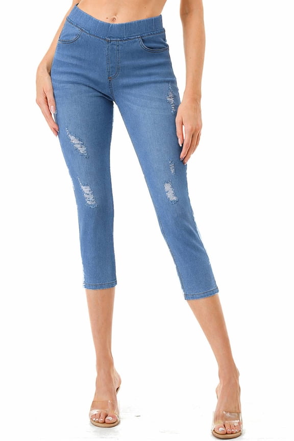 Women's Pull On Ripped Capri Jeans With Side Slit Stretch Denim Capris Jeggings Size S-3XL Medium Wash Blue