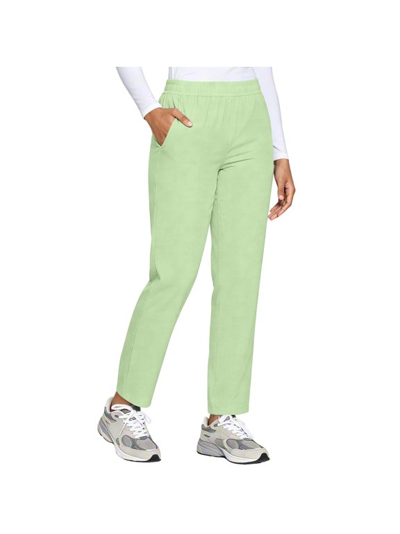 Women's Pull On Straight Leg Cropped Pants Elastic Waist Solid Color Casual Ankle Length Trousers with Side Pockets S