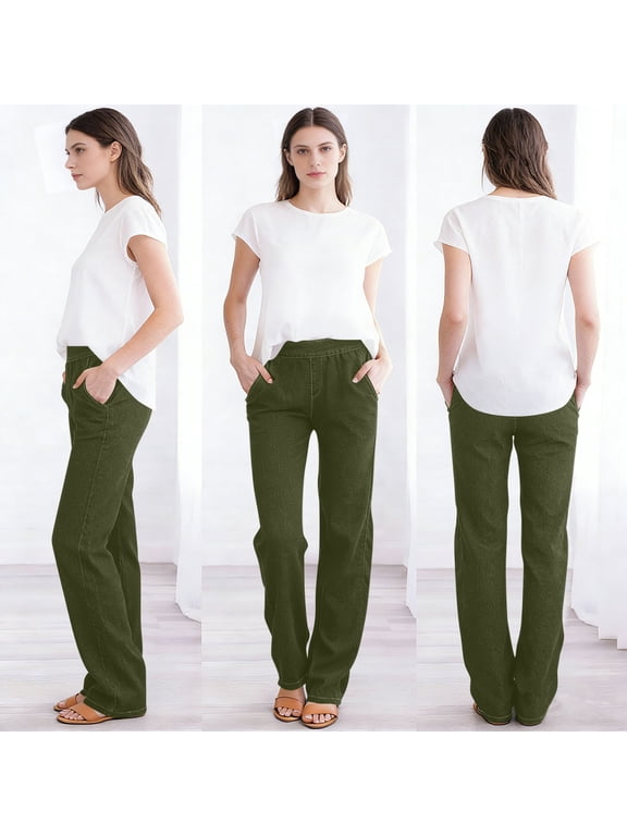 Women's Pull-On Straight Leg Jeans - Stretchy Denim, High-Waisted Elastic Waist, Side Pockets, Relaxed Fit