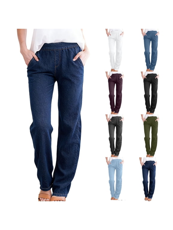 Women's Pull-On Straight Leg Jeans - Stretchy Denim, High-Waisted Elastic Waist, Side Pockets, Relaxed Fit