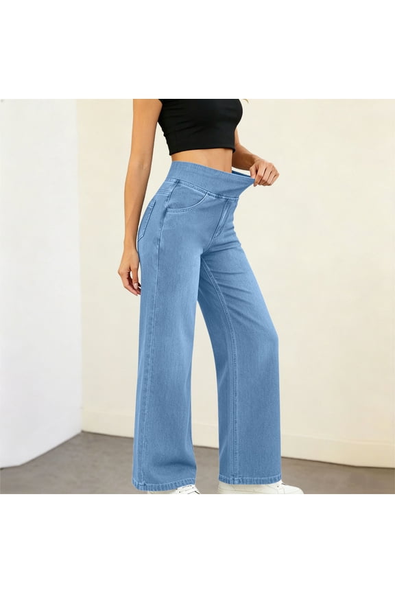 Women's Pull-On Wide Leg Jeans High Waist Stretch Imitation Denim Legging Loose Fitting Casual Trousers for Everyday Wear Light Blue S