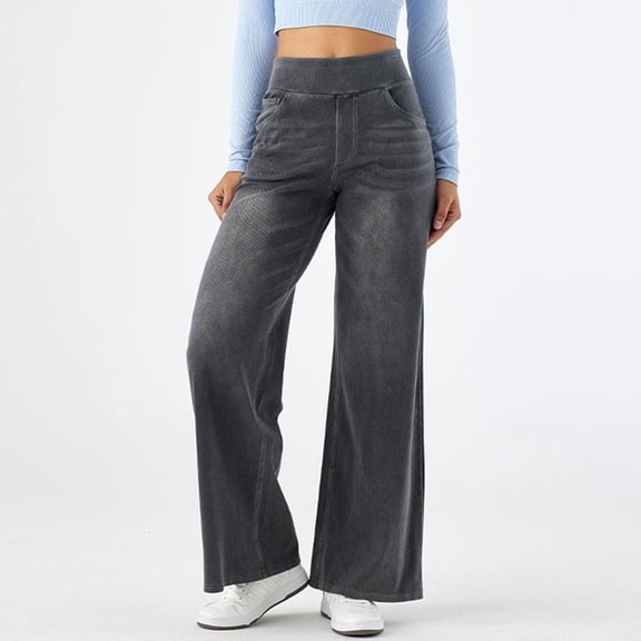 Women's Pull On Wide Leg Jeans – High Waisted Stretchy Denim Pants – Baggy Straight Leg Trousers with Pockets – Sizes XS-XL
