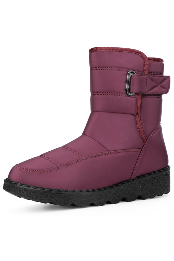 Women's Pull on Adjustable Flat Snow Boots for Winter Burgundy 8.5