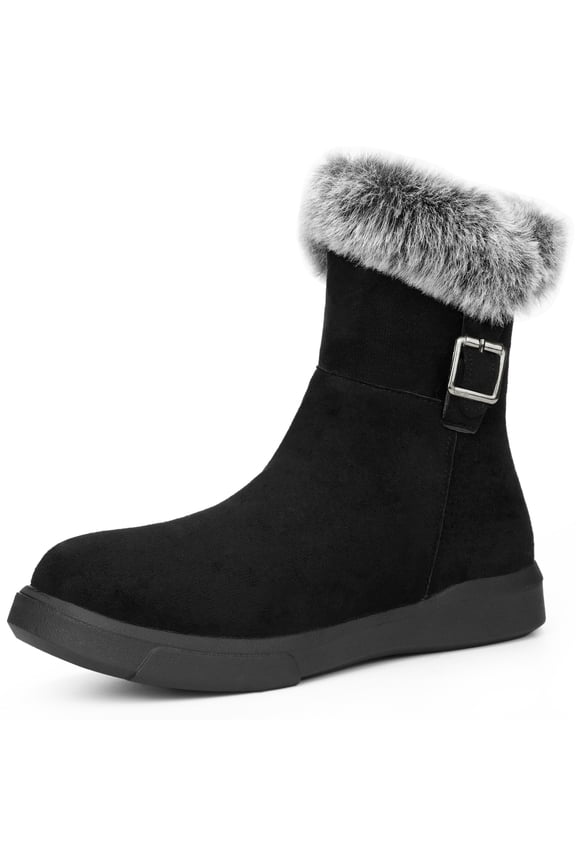 Women's Pull on Buckle Shoes Fluffy Winter Snow Boots Flat Boot Black 6