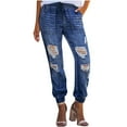 thumbnail image 1 of Women's Pull-on Distressed Denim Joggers Drawstring High Elastic Waist Loose Cargo Pants Ankle Length Jeans, 1 of 6
