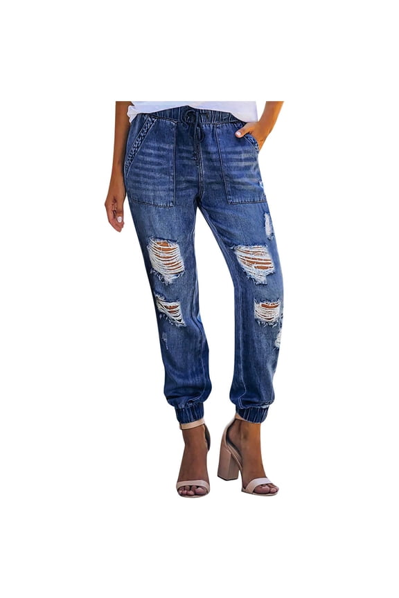 Women's Pull-on Distressed Denim Joggers Drawstring High Elastic Waist Loose Cargo Pants Ankle Length Jeans