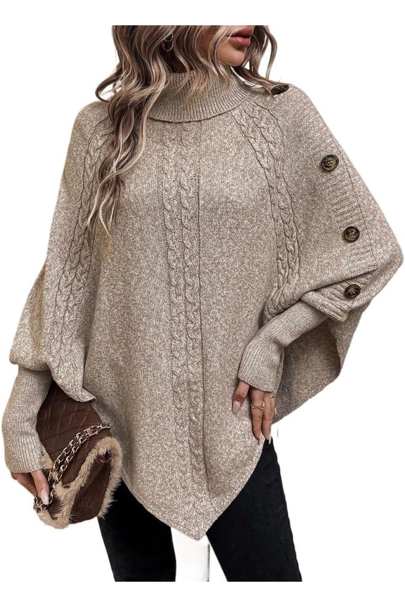 Women's Pullover Bat Type Lightweight Sweater Cape Style High Neck Long Sleeve Button High Neck Casual Women's Sweater