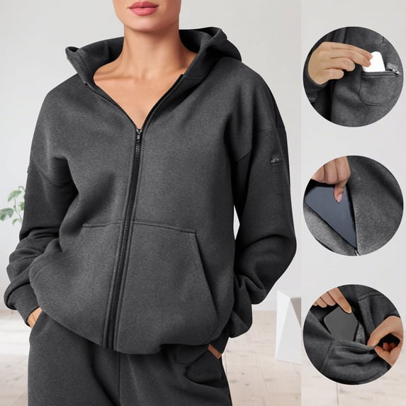 Women's Pullover Blouse New Women Casual Long Sleeve Zipper Cardigan Hooded Built in Airplane Mode Travel Hoodie Blouse Sweatshirt Tops with Multi Functional Pocket 0 Dark Gray M