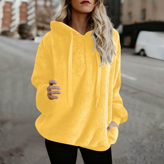 Women's Pullover Blouse New Women's Long Sleeve Pocket Solid Color Warm Pullover Hooded Sweatshirt Style B-80 Yellow XXL