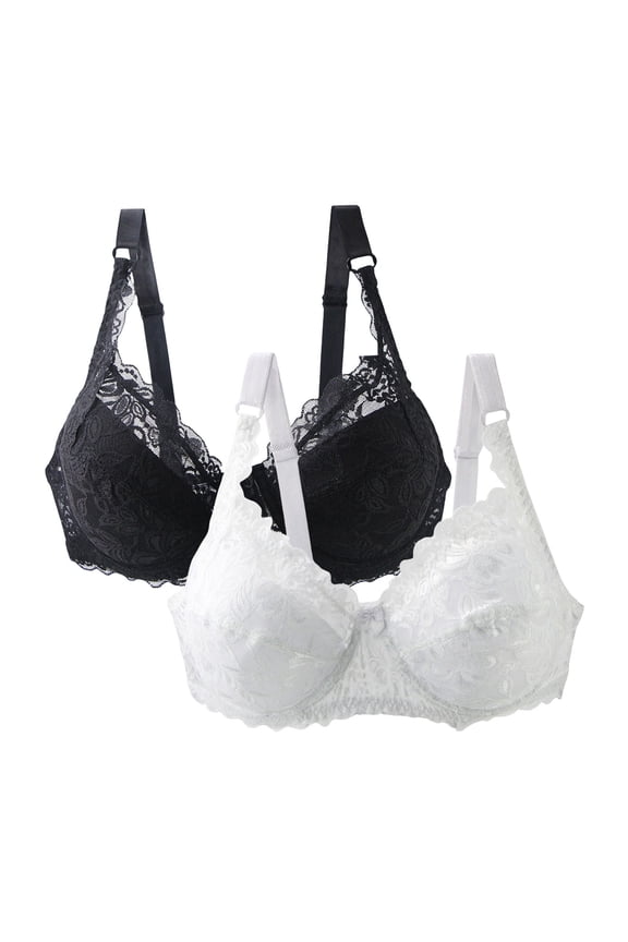 Women's Pullover Comfy Bralette 2 Packs Women's Lace Bras, Push up Solid Color Soft Balconette Everyday Padding Plus Size Underwire Gathering Underwear Bra White XXL