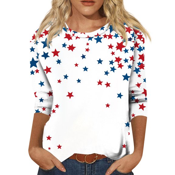 Women's Pullover Crewneck 3/4 Sleeve Patriotic Print T-Shirt, Comfortable Casual Top for Fireworks Viewing or Family Reunions,White XL