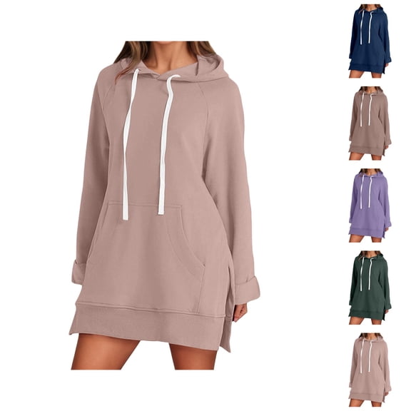 Women's Pullover Dress 2026 Trendy Long Sleeve Oversized Split Hem Hooded Sweatshirt with Pockets Pullover Top